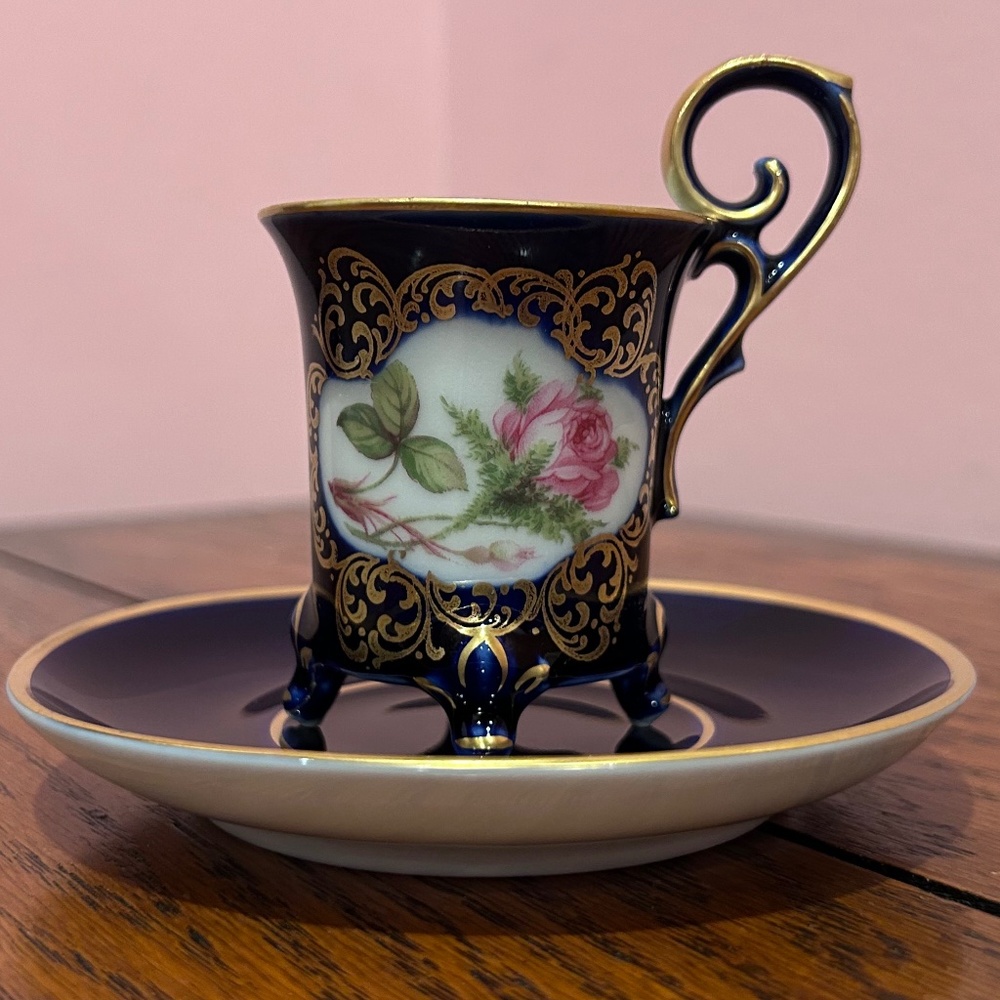 Vintage Lindner Kueps Bavaria Demitasse Cup and Saucer in Cobalt Blue and Gold